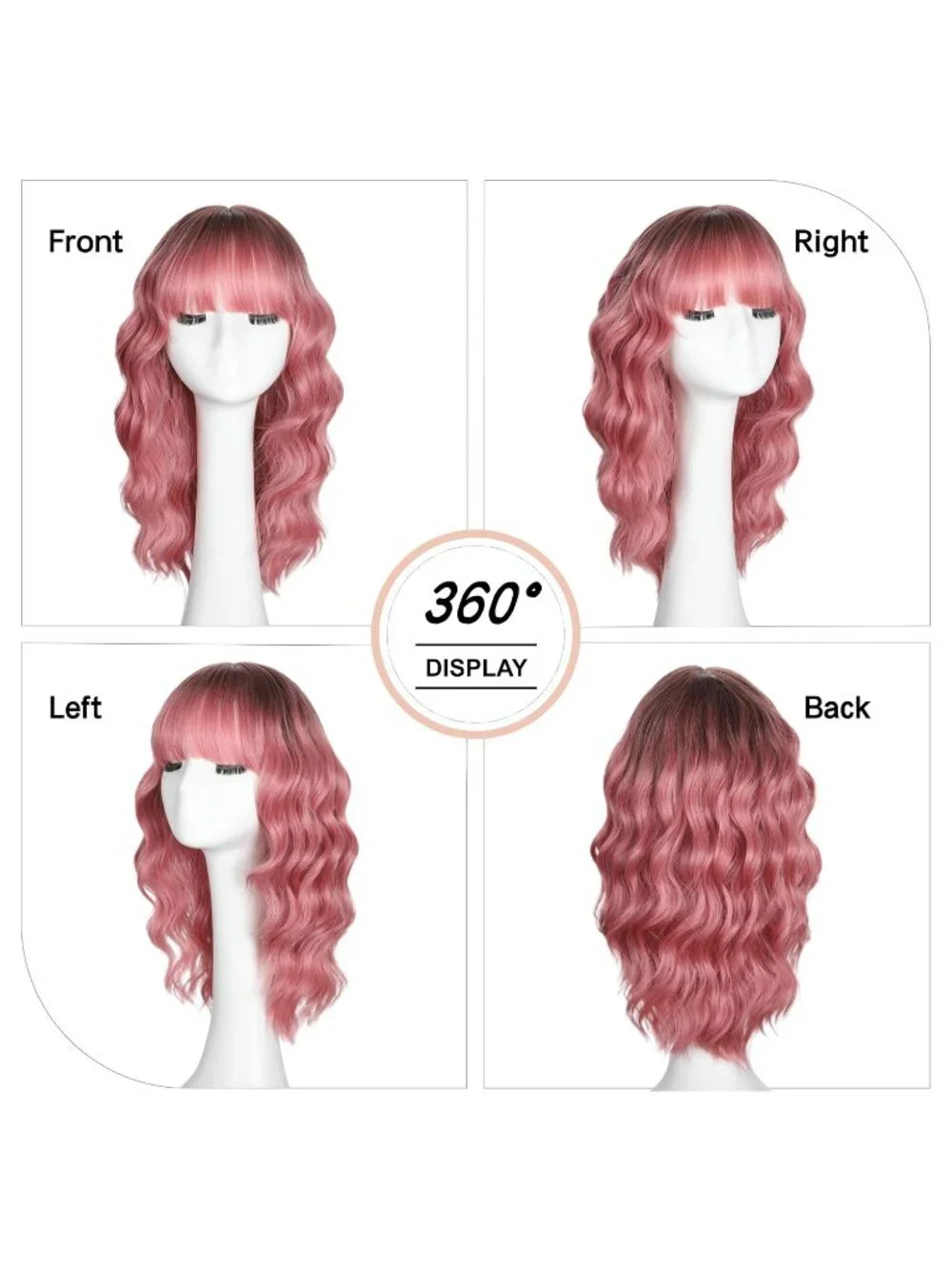 Women's Ombre Pink 16 Inch Wavy Wig Bangs Shoulder Length Synthetic Hair